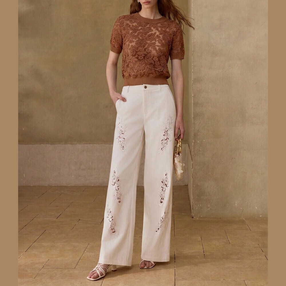 Rust Brown Sheer Floral Lace Round Neck Short Sleeve Ribbed Knit Top Tee